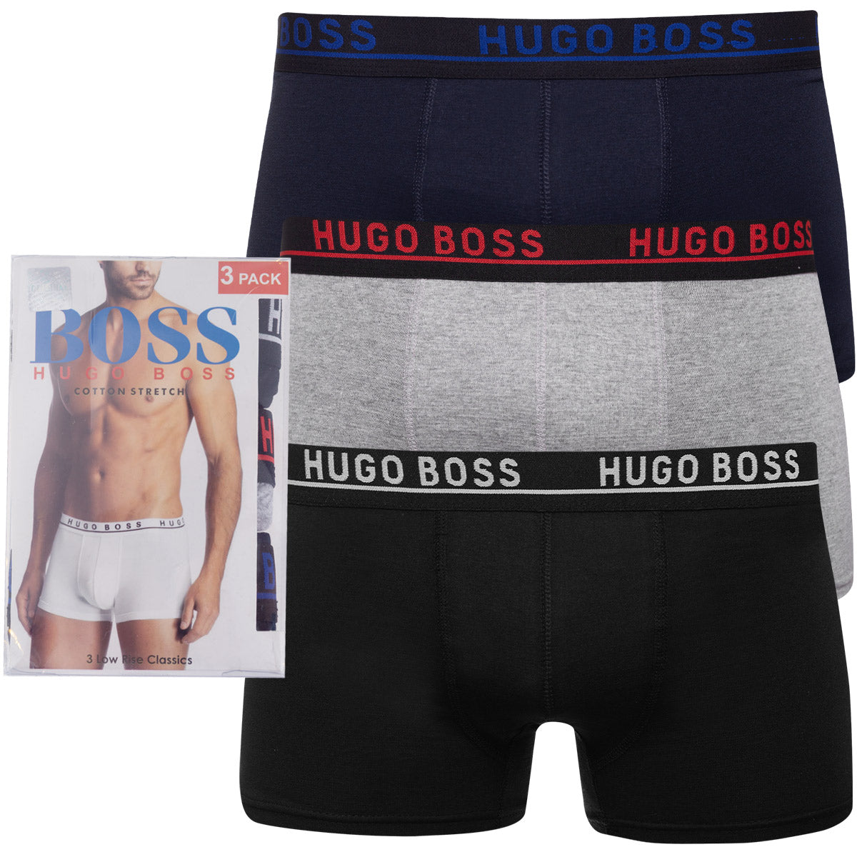 Bokserki męskie HUGO BOSS majtki 3 PARY BAWEŁNA czarne/granatowe/szare