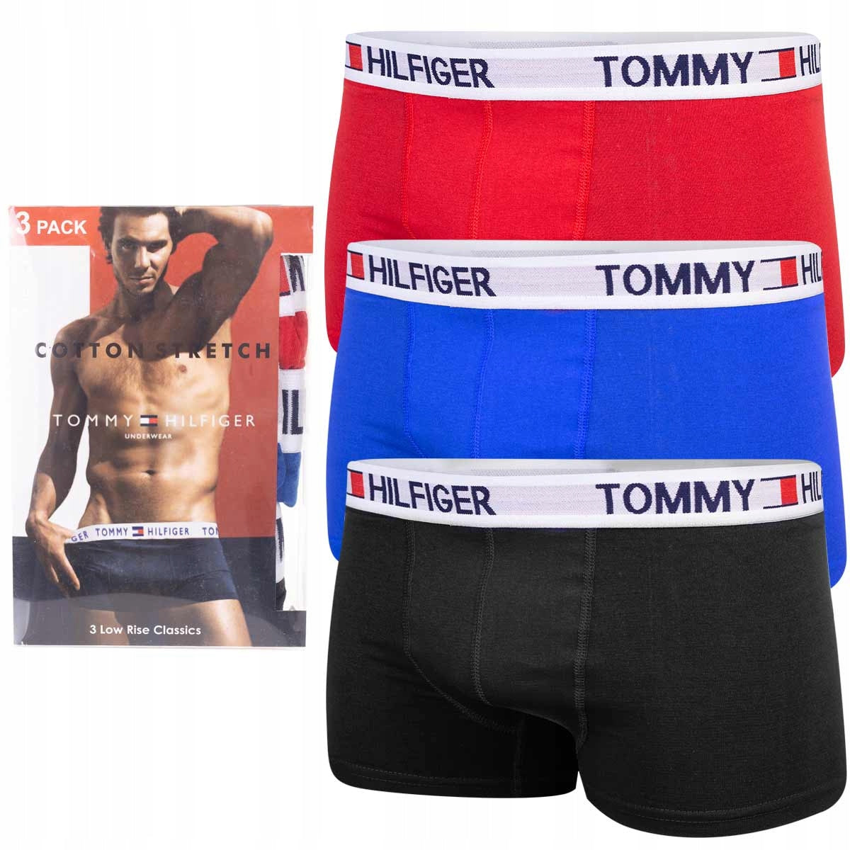 Bokserki męskie TOMMY HILFIGER majtki 3 pary czarne/czerwone/niebieskie