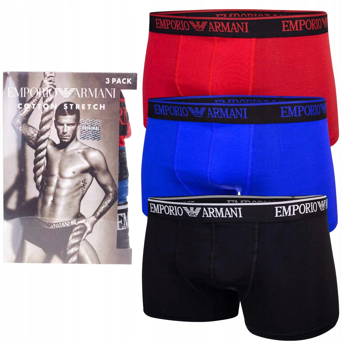 Bokserki męskie EMPORIO ARMANI majtki 3 pary czarne/czerwone/niebieskie
