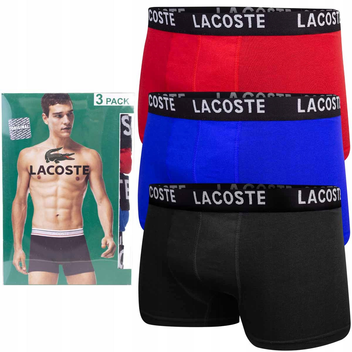 Bokserki męskie LACOSTE majtki 3 pary BAWEŁNA czarne/niebieskie/czerwone