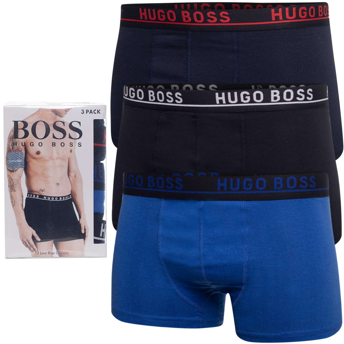 Bokserki męskie HUGO BOSS majtki 3 PARY BAWEŁNA czarne/granatowe/niebieskie