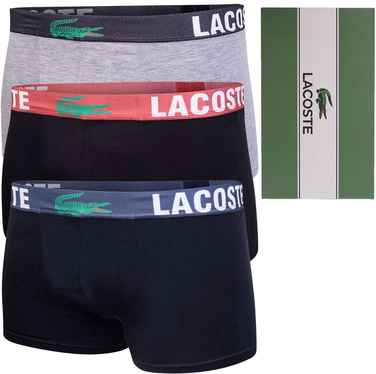 GIFTBOX Bokserki męskie LACOSTE majtki PREZENT 3 PARY BAWEŁNA czarne, granatowe, szare