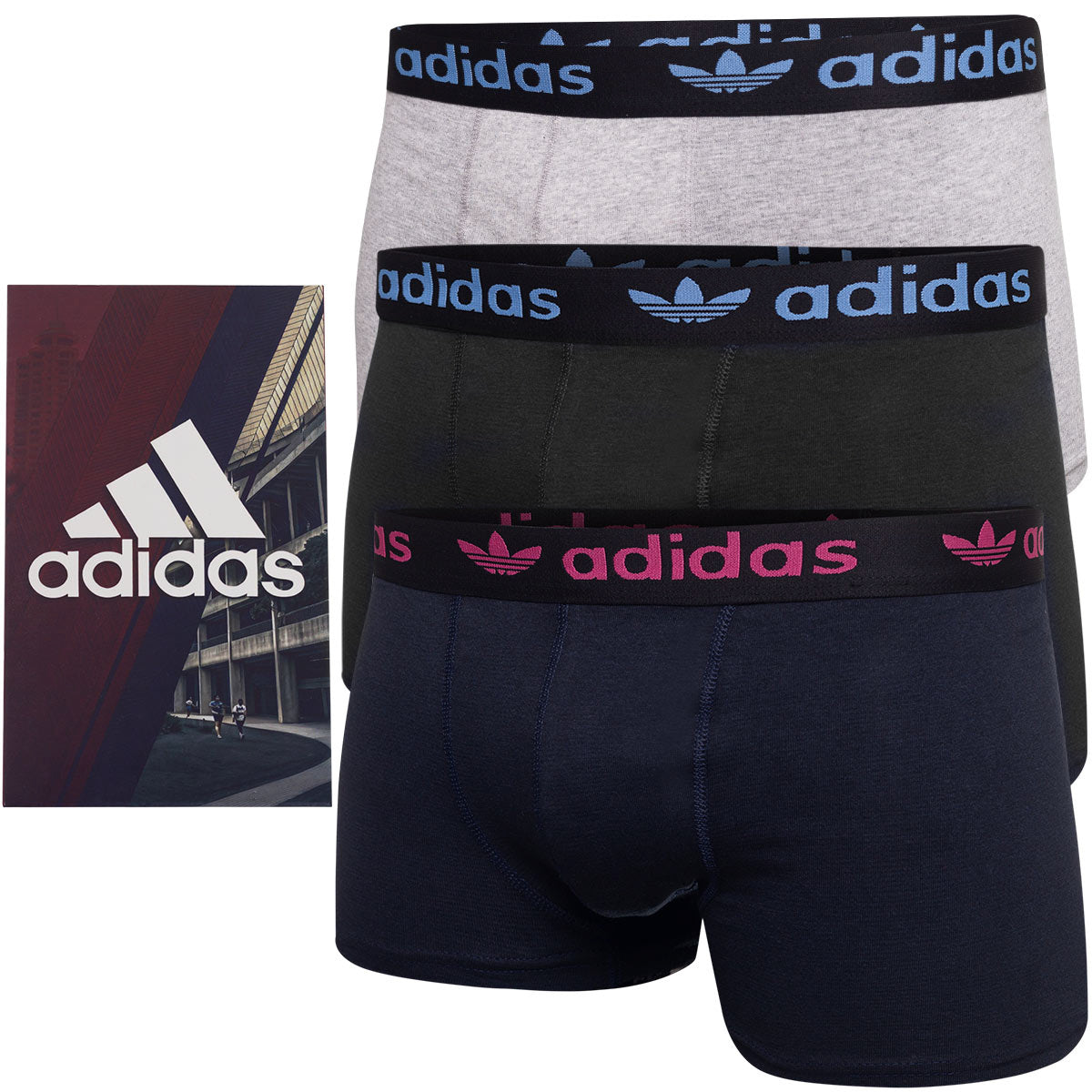 GIFTBOX Bokserki męskie ADIDAS majtki PREZENT 3 PARY BAWEŁNA czarne, granatowe, szare