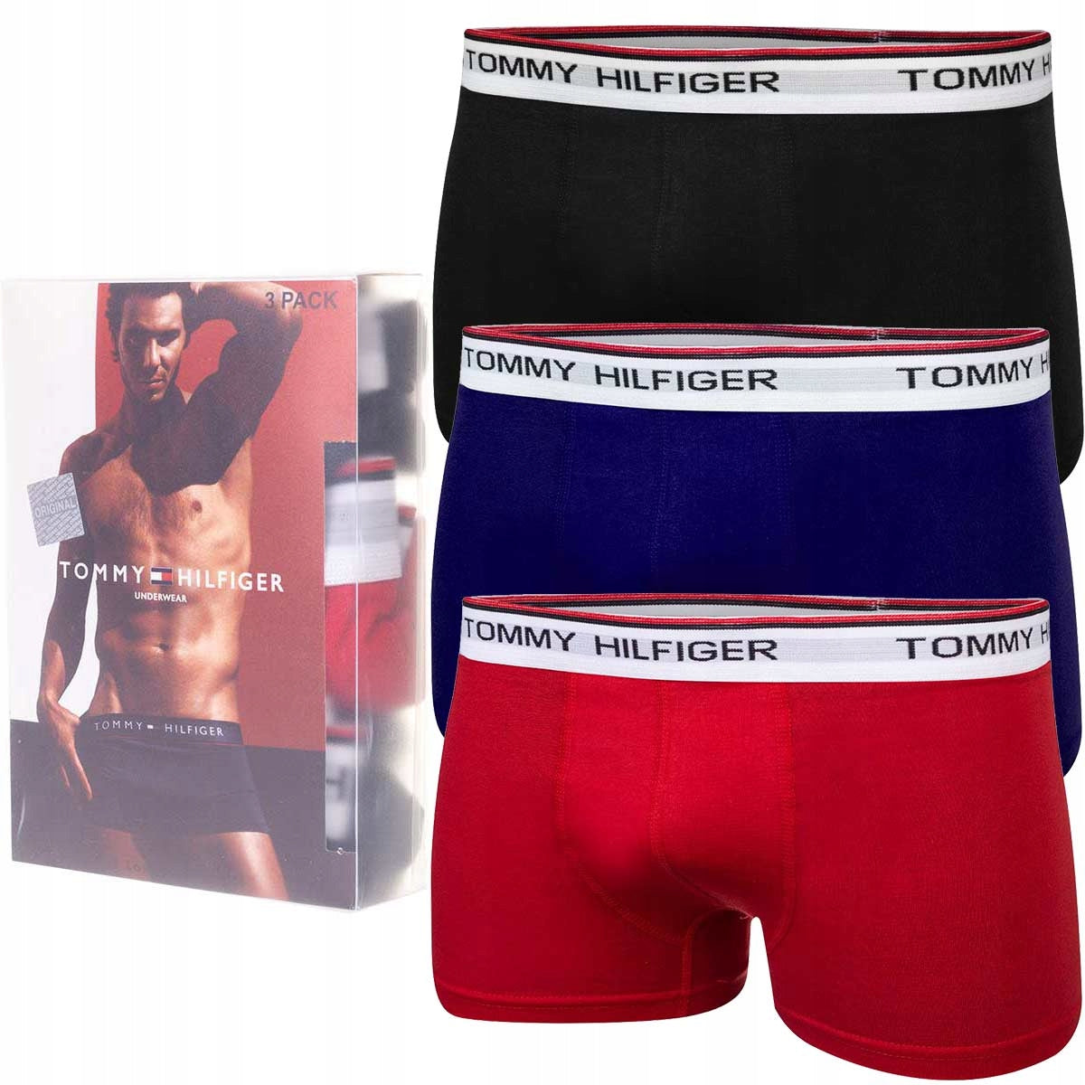 Bokserki męskie TOMMY HILFIGER majtki 3 pary czarne/czerwone/granatowe