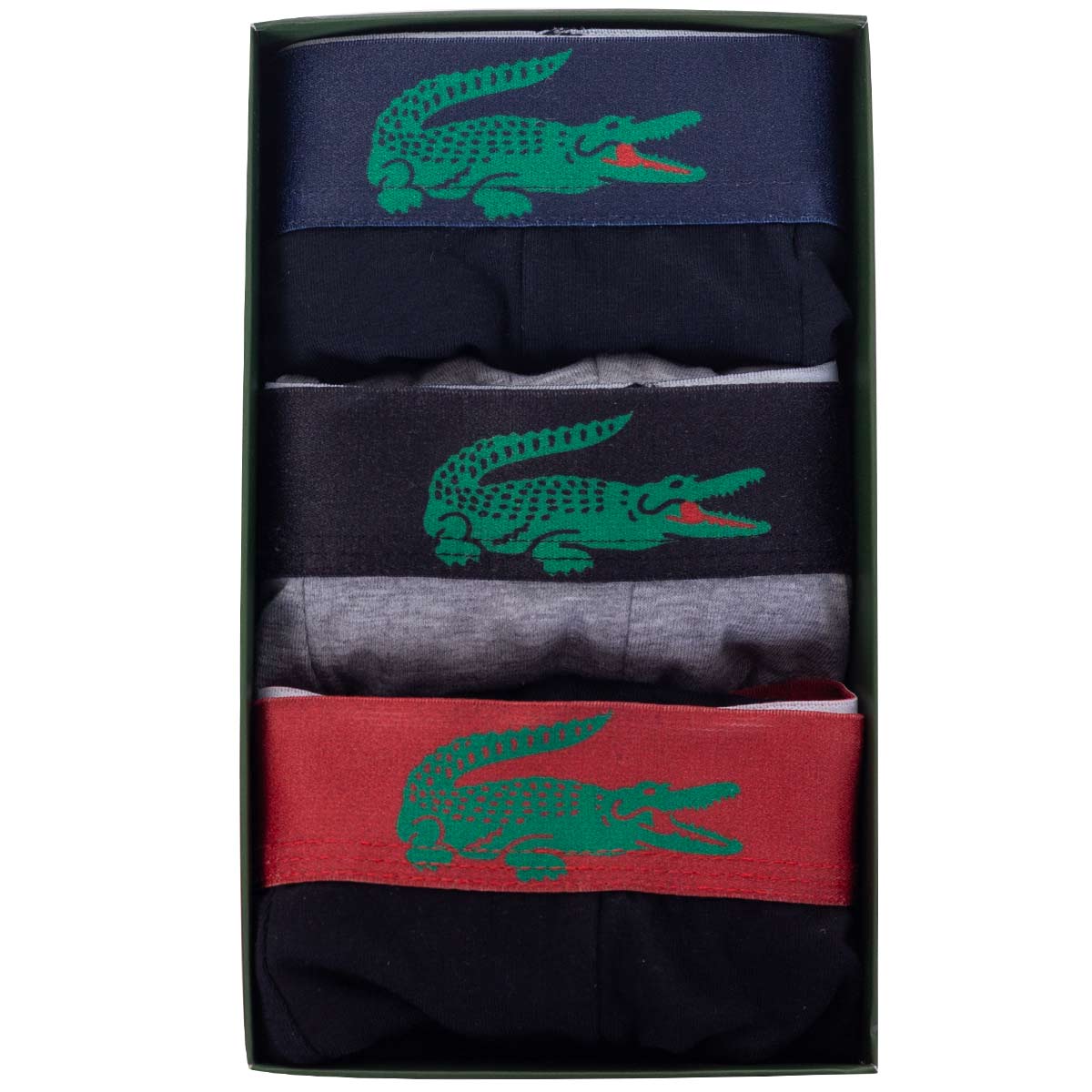 GIFTBOX Bokserki męskie LACOSTE majtki PREZENT 3 PARY BAWEŁNA czarne, granatowe, szare