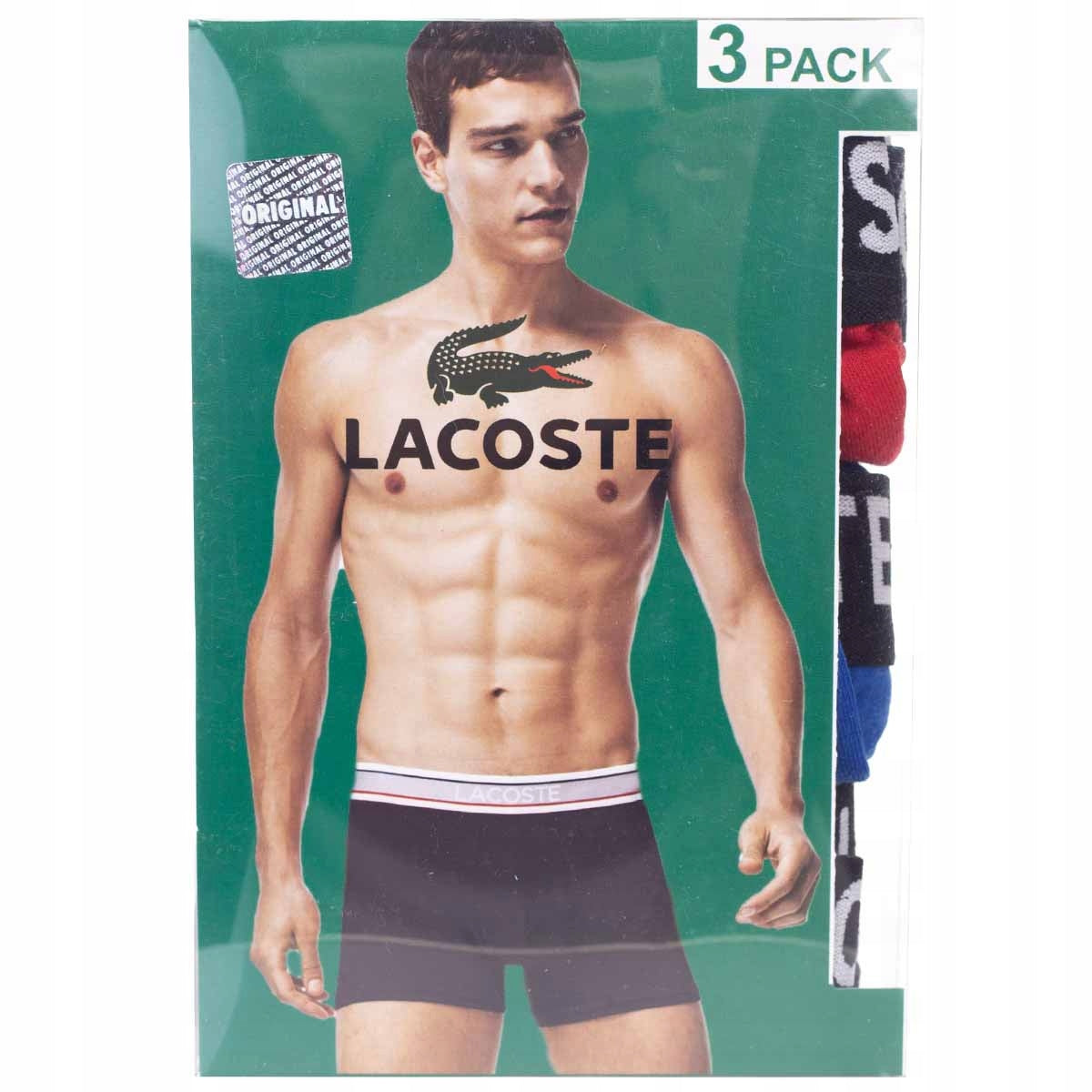 Bokserki męskie LACOSTE majtki 3 pary BAWEŁNA czarne/niebieskie/czerwone