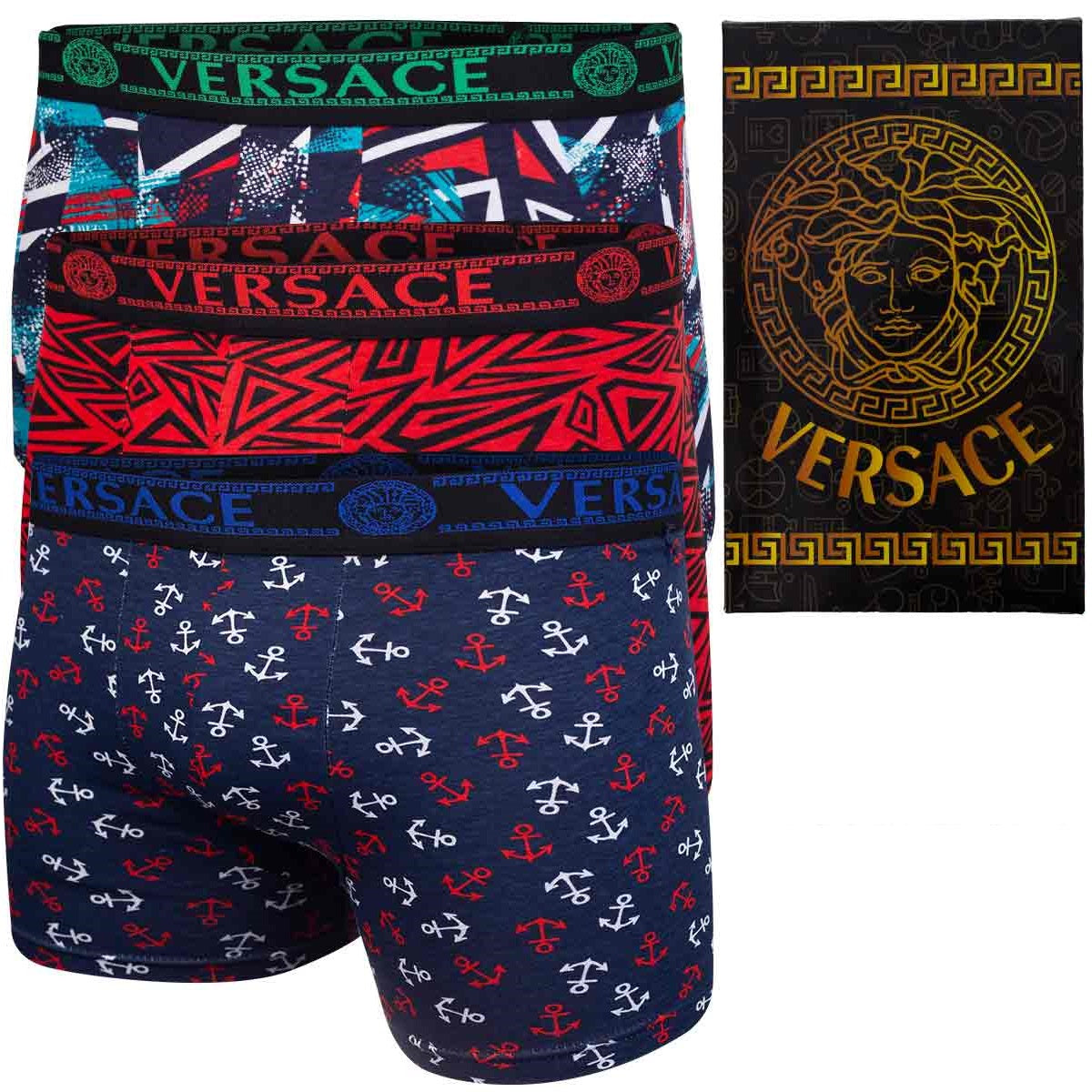 GIFTBOX Bokserki męskie VERSACE majtki PREZENT 3 PARY BAWEŁNA czerwone, granatowe