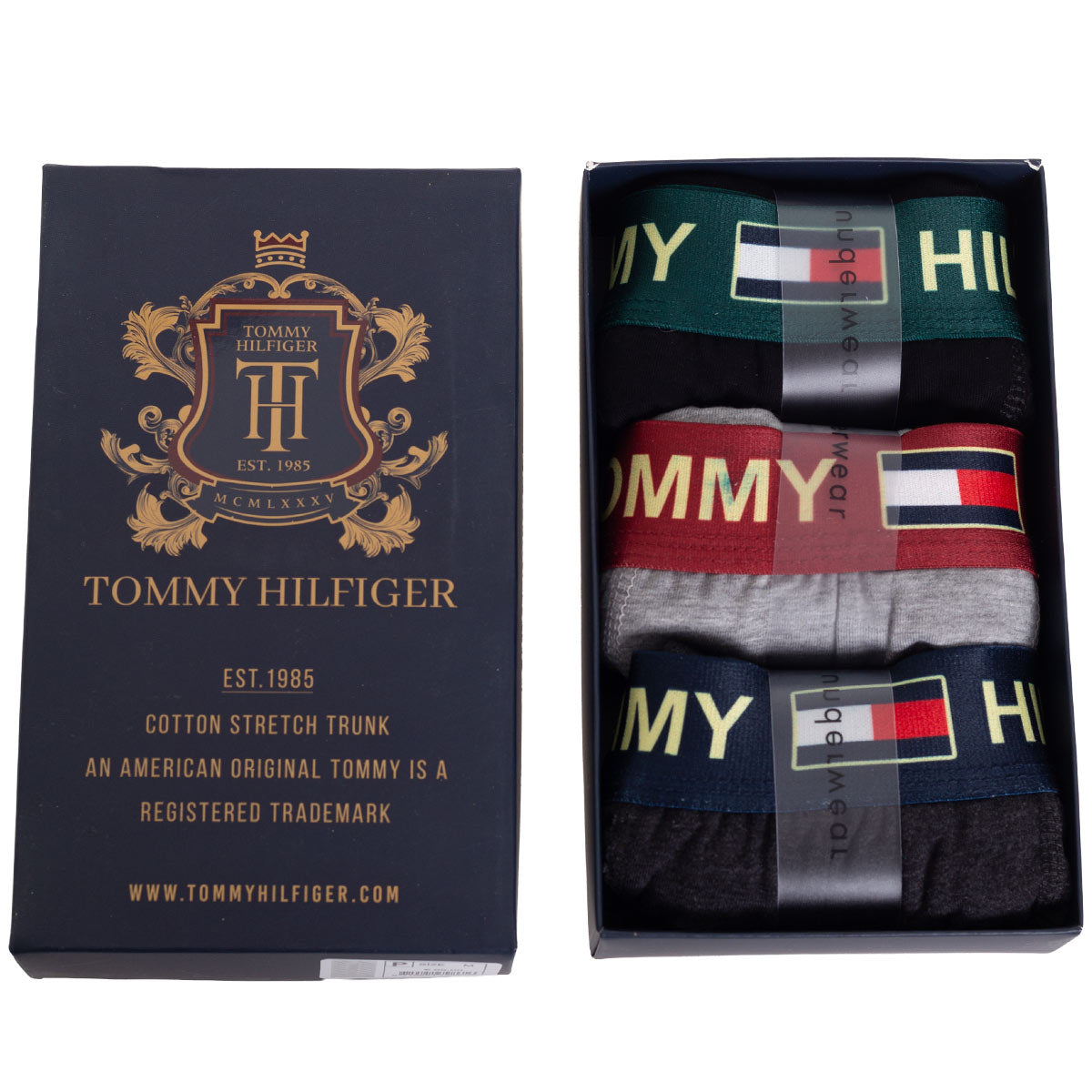 GIFTBOX Bokserki męskie TOMMY HILFIGER majtki PREZENT 3 PARY BAWEŁNA czarne/szare/grafitowe