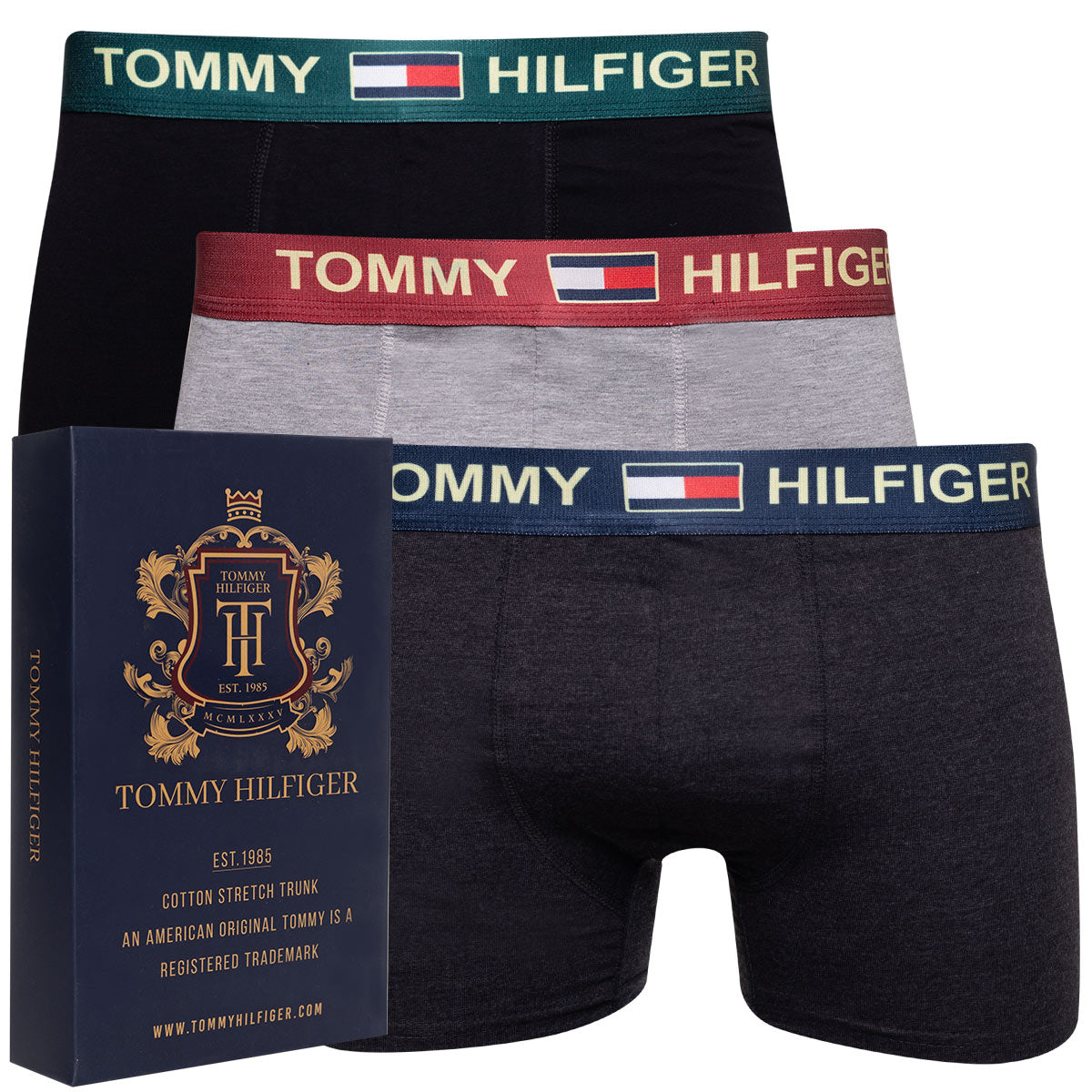 GIFTBOX Bokserki męskie TOMMY HILFIGER majtki PREZENT 3 PARY BAWEŁNA czarne/szare/grafitowe