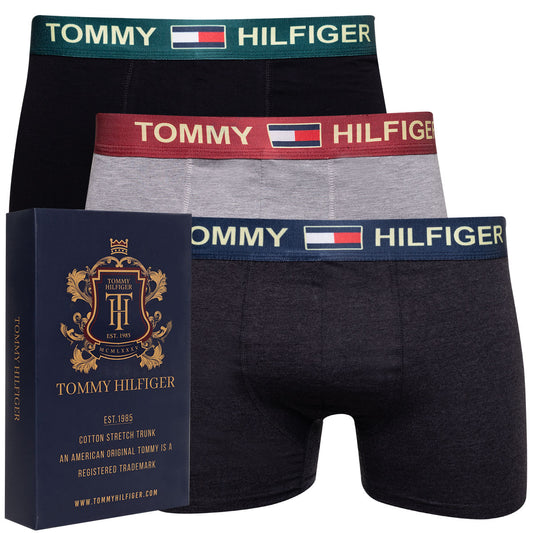 GIFTBOX Bokserki męskie TOMMY HILFIGER majtki PREZENT 3 PARY BAWEŁNA czarne/szare/grafitowe