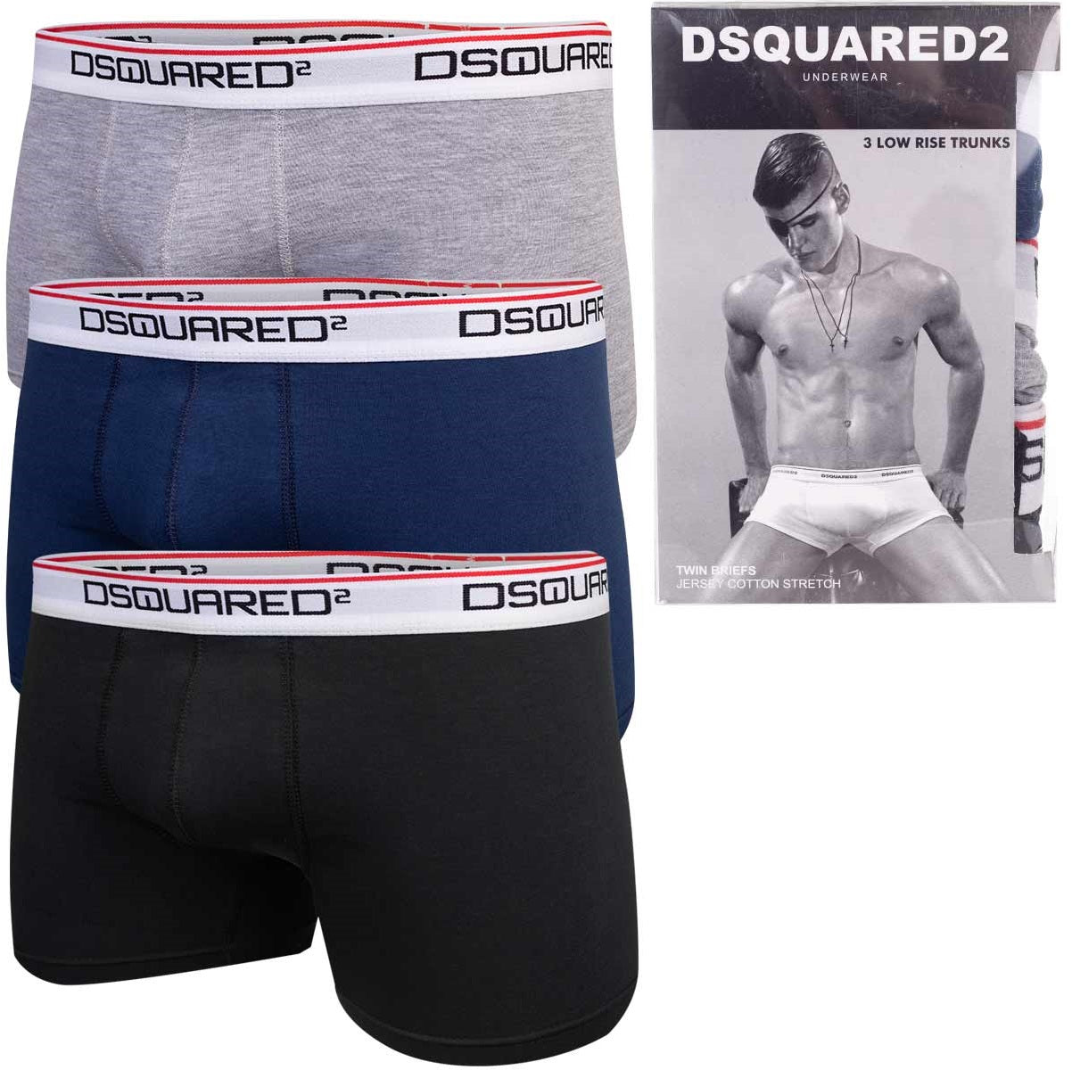 Męskie bokserki bawełniane majtki DSQUARED2 3P czarne, granatowe, szare