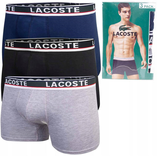 Męskie bokserki bawełniane majtki LACOSTE 3P czarne, granatowe, szare
