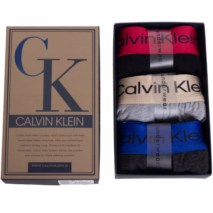 GIFTBOX Bokserki męskie CALVIN KLEIN majtki PREZENT 3 PARY BAWEŁNA czarne/szare/grafitowe