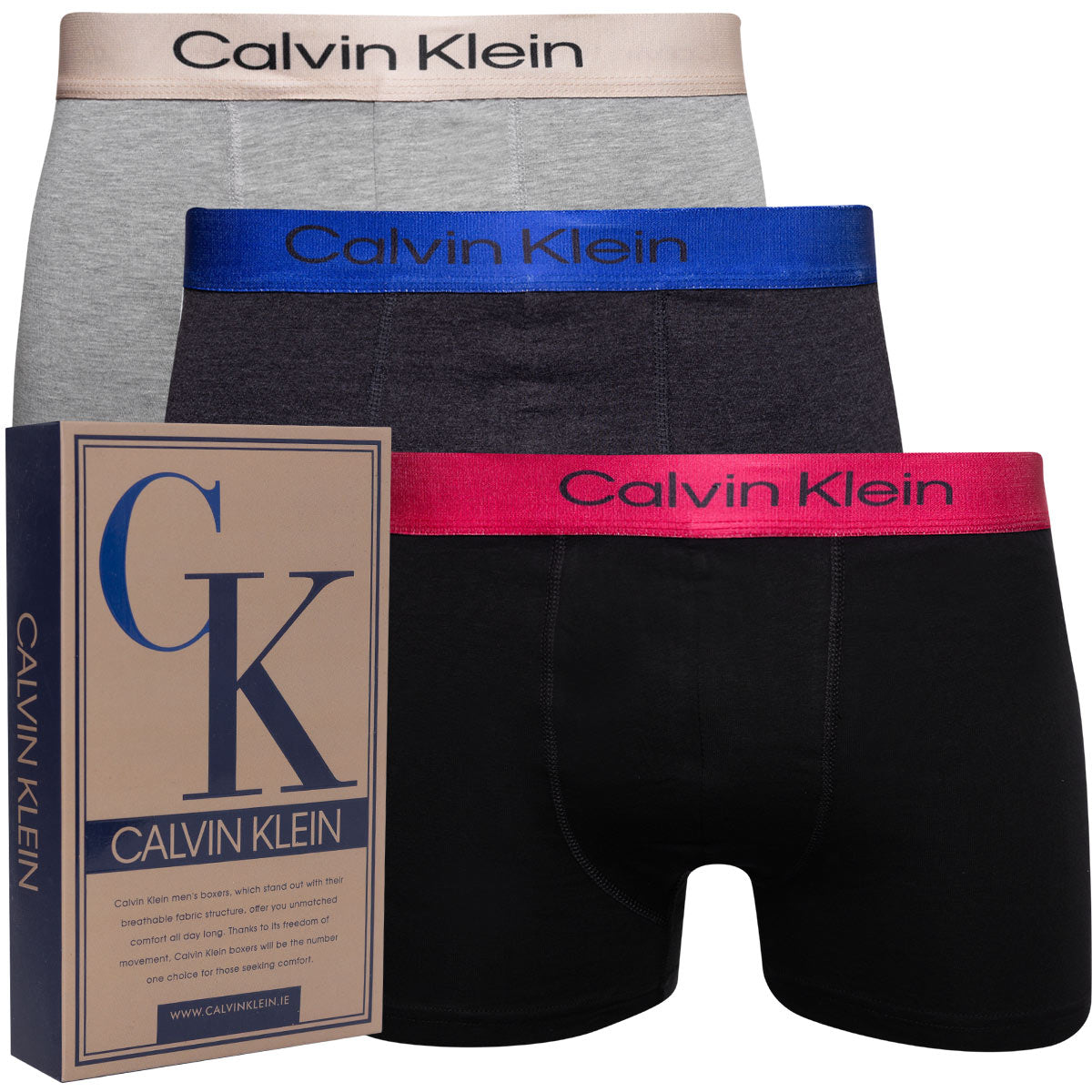 GIFTBOX Bokserki męskie CALVIN KLEIN majtki PREZENT 3 PARY BAWEŁNA czarne/szare/grafitowe