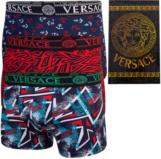 Męskie bokserki GIFTBOX PREZENT majtki VERSACE 3P granatowe, czerwone