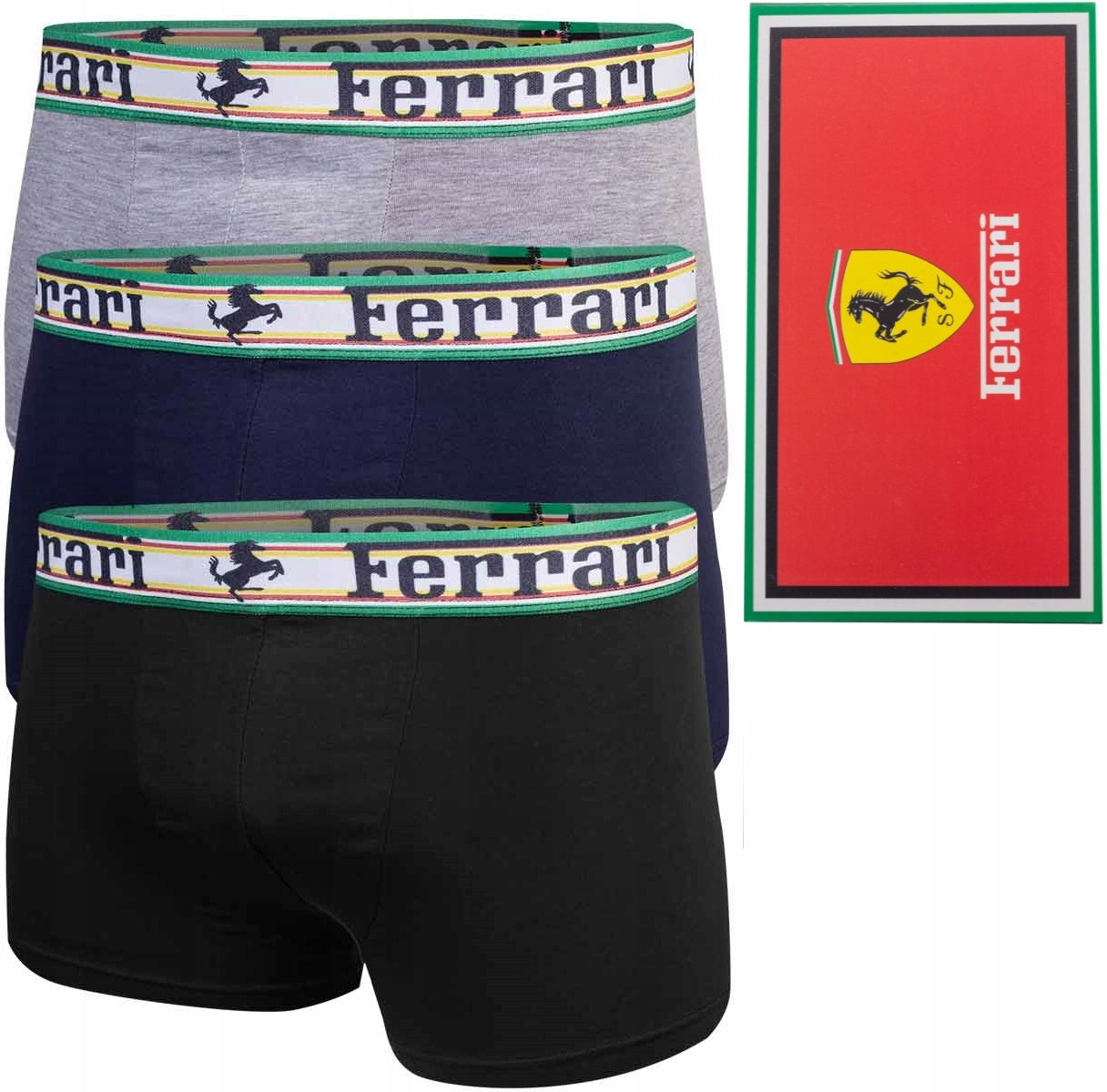 Męskie bokserki GIFTBOX PREZENT FERRARI 3P czarne, granatowe, szare