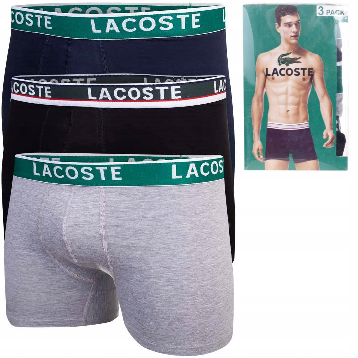 Męskie bokserki bawełniane majtki LACOSTE 3P czarne, szare, granatowe