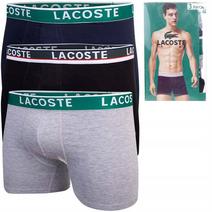 Męskie bokserki bawełniane majtki LACOSTE 3P czarne, szare, granatowe