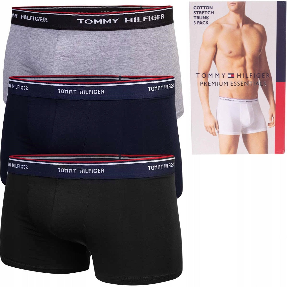 Męskie bokserki majtki TOMMY HILFIGER 3P czarne, granatowe, szare