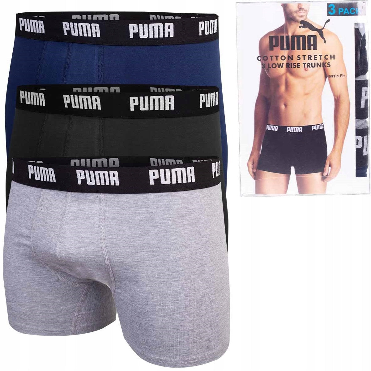 Męskie bokserki bawełniane majtki PUMA 3P czarne, granatowe, szare