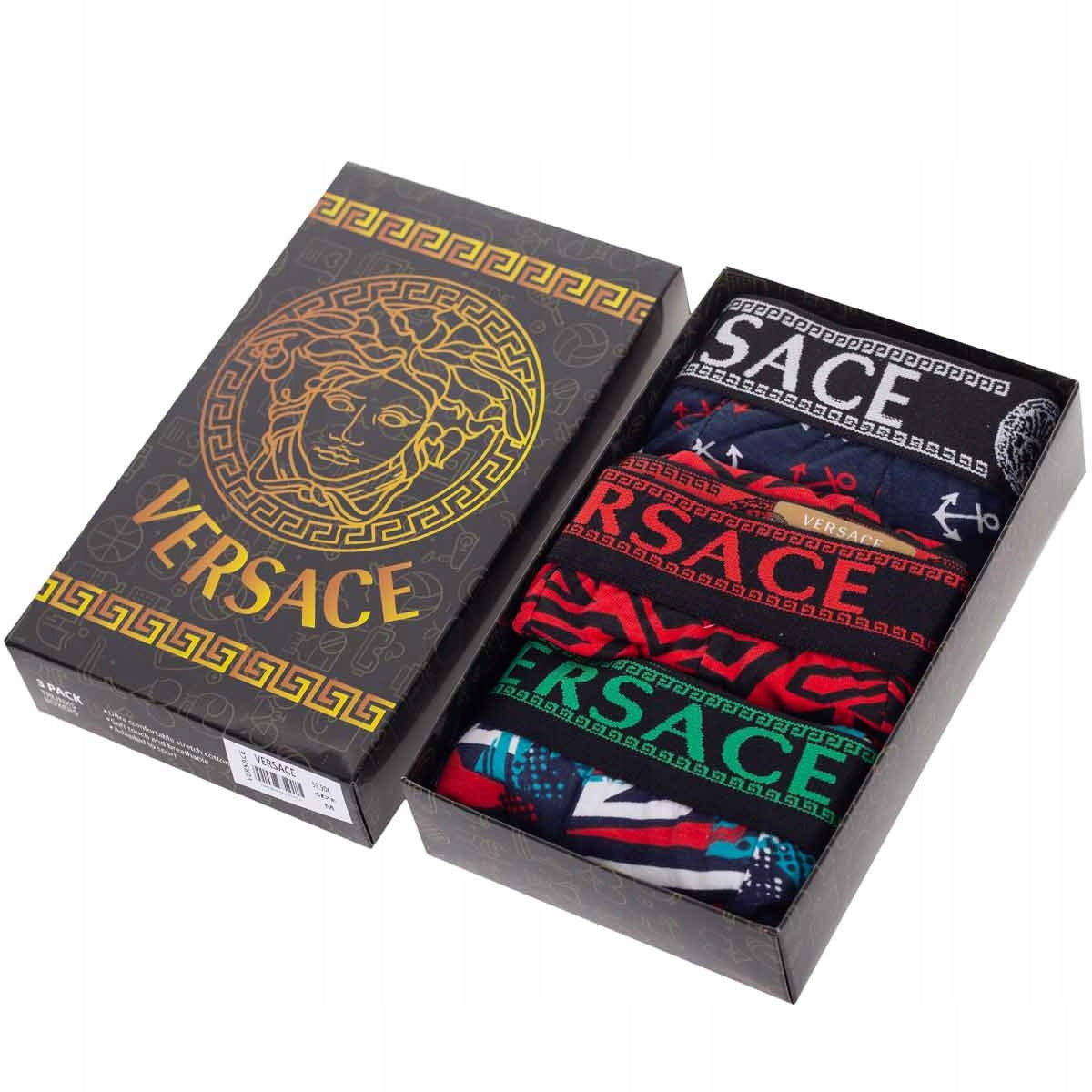 Męskie bokserki GIFTBOX PREZENT majtki VERSACE 3P granatowe, czerwone
