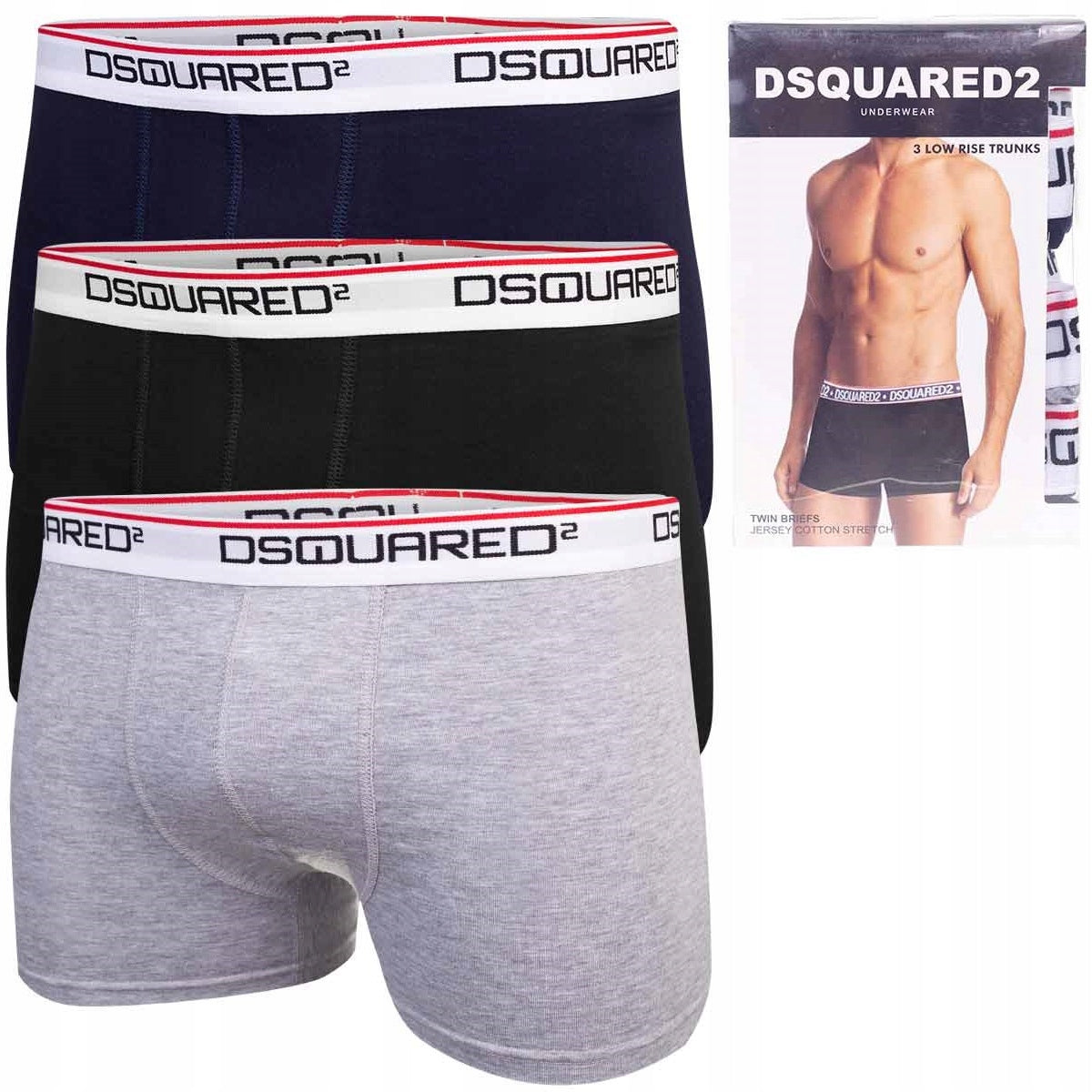 Męskie bokserki bawełniane majtki DSQUARED2 3P czarne, granatowe, szare