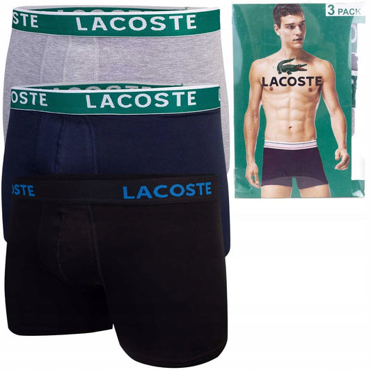 Męskie bokserki bawełniane majtki LACOSTE 3P czarne, granatowe, szare